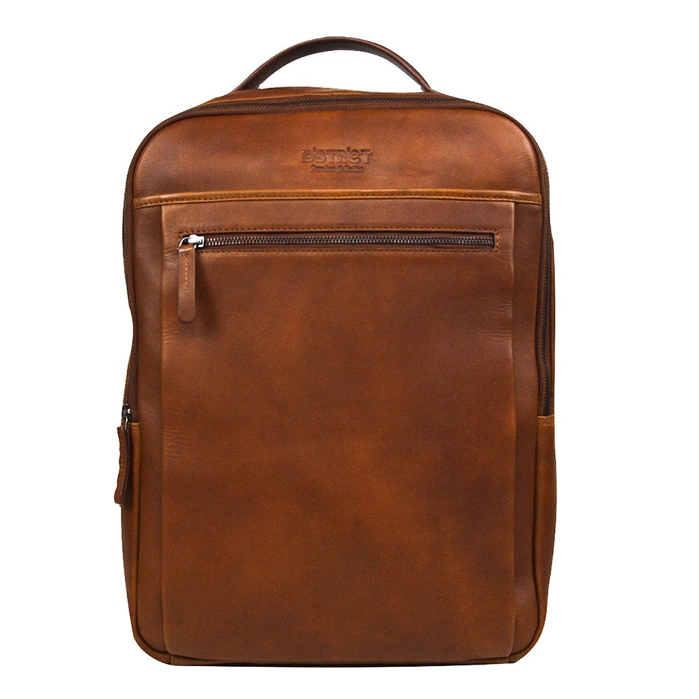 DSTRCT Premium Collection Leren Business Laptoptas - 15.6 inch laptopvak met rits - Inclusief onderhouspakket - Cognac