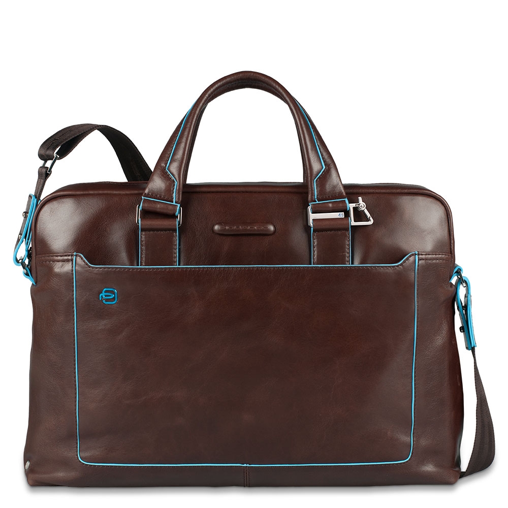 Piquadro Blue Square Double Handle Computer Portfolio Briefcase 14 Mahogany