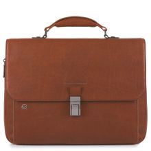 Piquadro Black Square Laptop 15"/ iPad 9.7" Expandable Briefcase CONNEQU Tobacco Leather