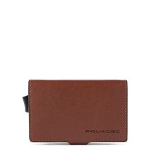 Piquadro Black Square Double Creditcard Case With Sliding System Tobacco Leather