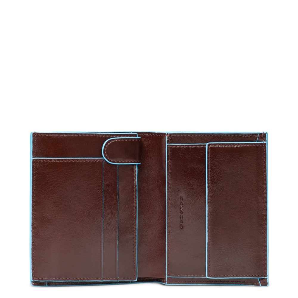 Piquadro Blue Square Vertical Wallet 10 Cards With Coin Case Mahogany